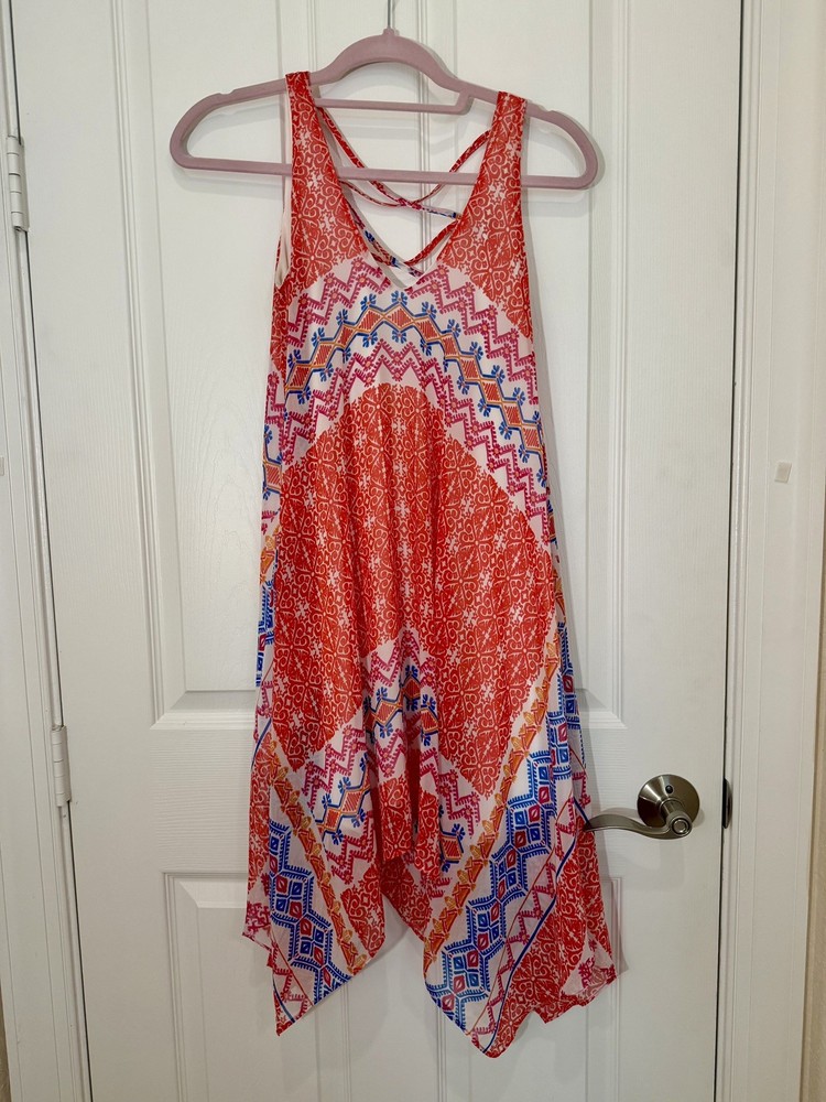Beautiful boho style handkerchief cut AQUA Dress in pinks, orange and blue. XS