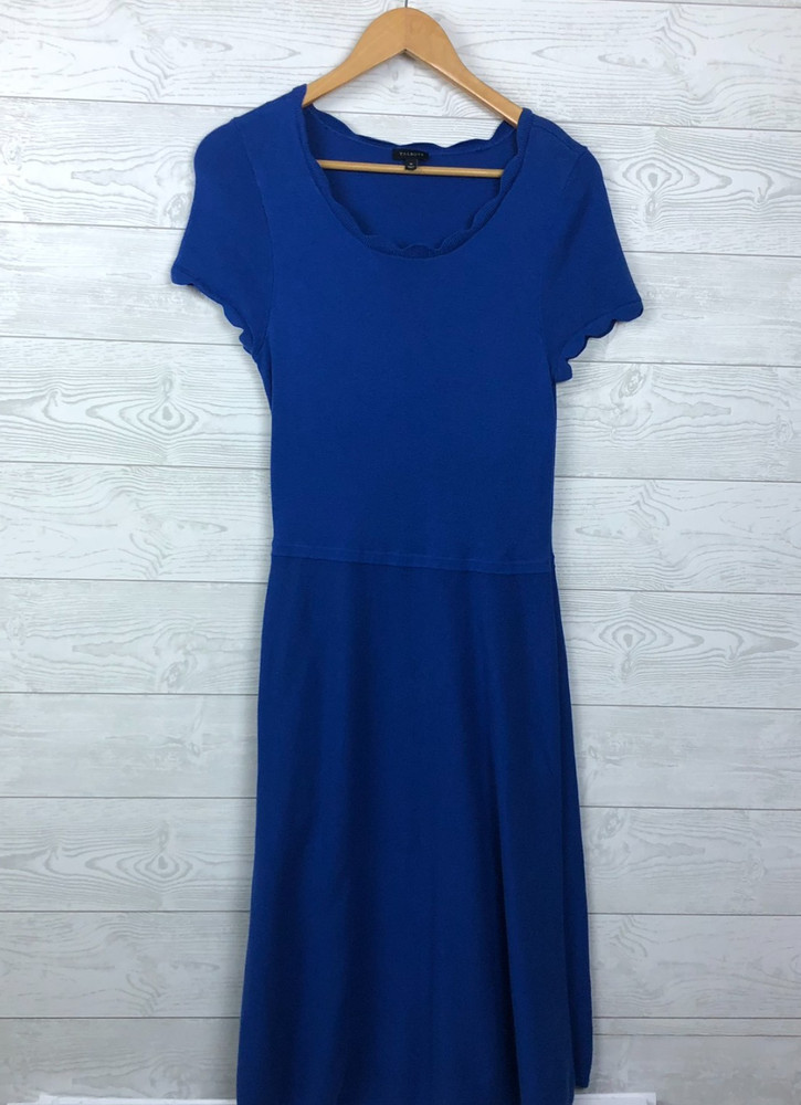 Talbots Womens Medium Scallop Trim Knit Sweater Dress Deep Blue Sea Short Sleeve