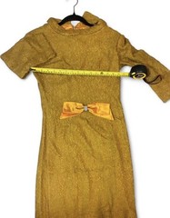 Gold Tweed Collared 3/4 Sleeve Pencil Dress Knee Length Bow Accent Zip Sz S
