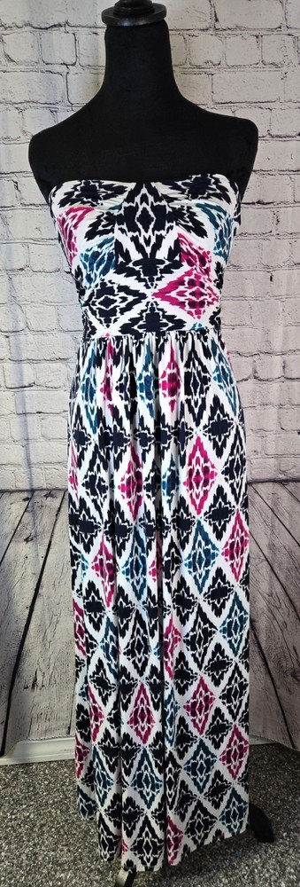 Ann Taylor Strapless Geometric Print Maxi Dress Stretch Knit Sz 4 Black White