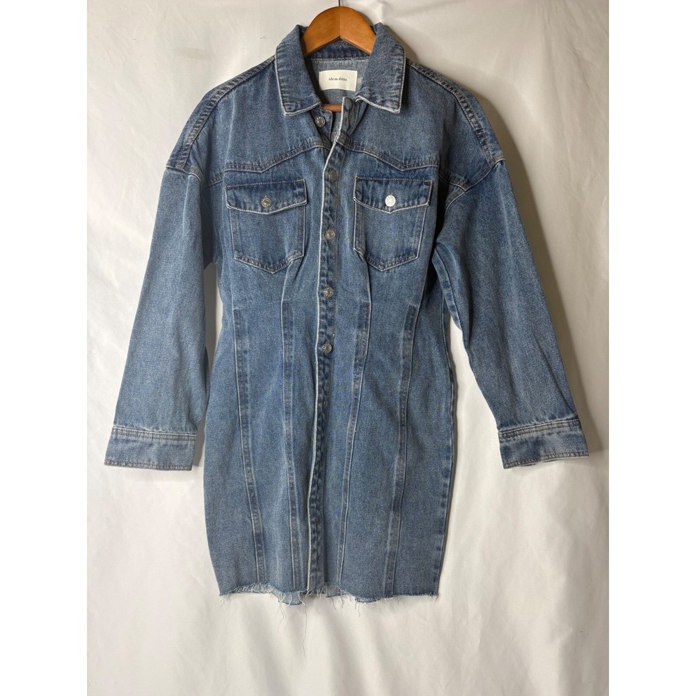 Idem Ditto Denim Mini Dress Medium Wash Button Front Raw Hem Y2K Aesthetic L