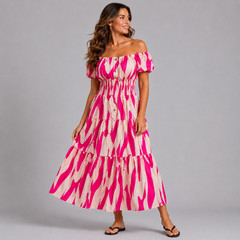 ROCKTHOSECURVES WOMENS Abstract Print Bardot Maxi Gyspy Dress