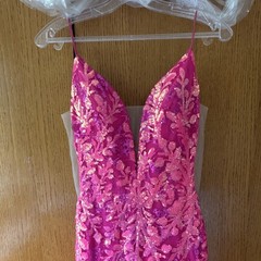 Amarra Pink Floral Sequin Mesh V-Neck Long Lace-Up Open Back Gown Size 4