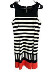 Worthington Medium Black White Striped Dress Red Accent Retro Classic Academia