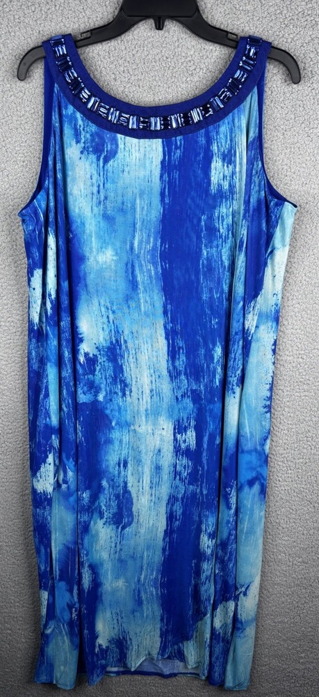 Catherines Maxi Tank Dress Women’s 1XWP Petite Beaded Sleeveless Blue Watercolor