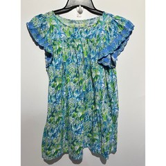 Lilly Pulitzer XL Green Blue Tropical Palm Print Flutter Eyelet Sleeve shirt
