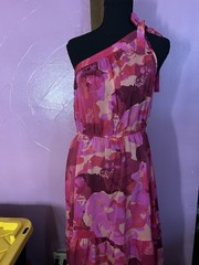 PrettyGarden One Shoulder Tie Strap Abstract Print Maxi Dress, Pink Purple, M