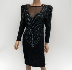 AJ Bari Black Cocktail Sequin Bead Dress 100% Silk Long Sleeves Size 10 VTG