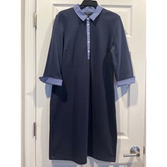 Talbots Navy Blue Gingham Trim Pique Polo Dress 3/4 Sleeve L