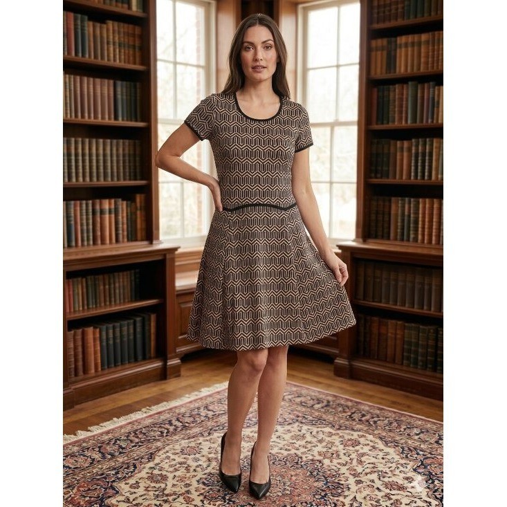 Gabby Skye Black and Pink Geometric Fit and Flare Dress