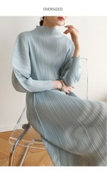Autumn Spring New High End Pleated Casual Loose Half High Collar Batsleeve Dress
