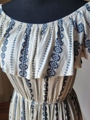 Hem & Thread Off the Shoulder Patterned Midi Dress Cream Blue Boho Size S