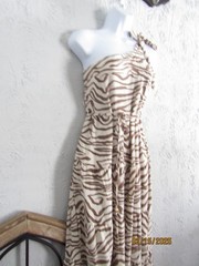 White Closet Elements nwt M one shoulder maxi dress zebra brown tan print linen