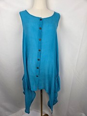 India Boutique Blue Gauze Asymmetric Dress OS Sleeveless Button Pockets Coverup