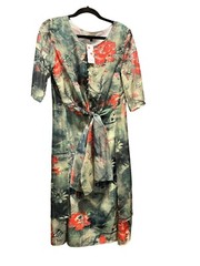 NWT Gorgeous Green Forest Floral Chiffon Layered Multi Wrap Tie Dress MED Easter