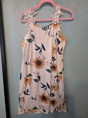 Floral Appliqué Sleeveless Sundress White Yellow Green Round Neck Short Dress