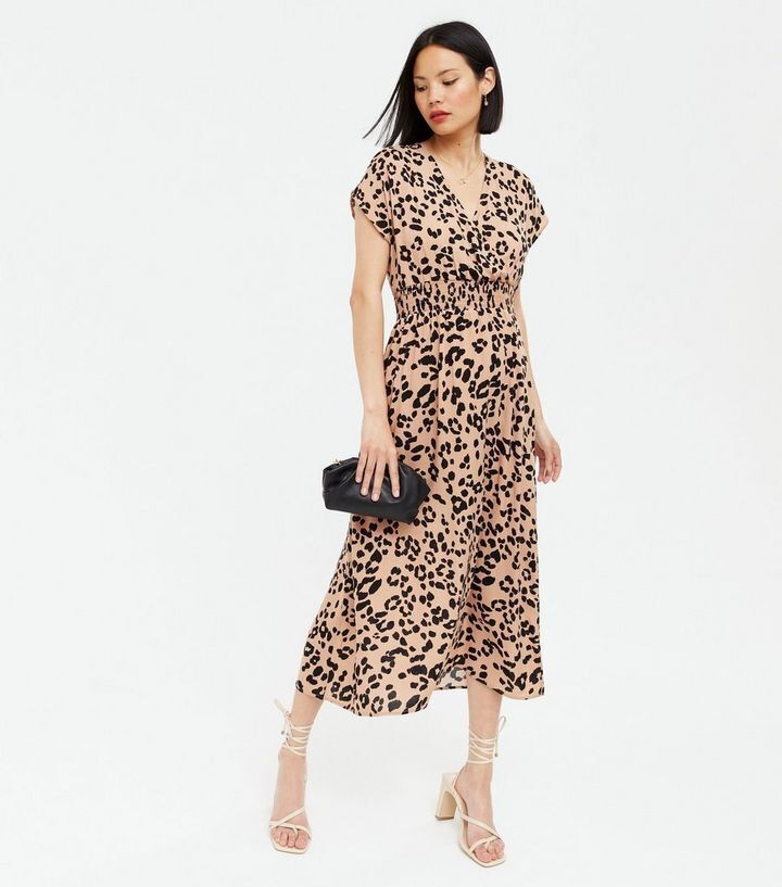 NEW LOOK Black Brown Beige Leopard Animal Print Puff Sleeve Midi Dress size 8