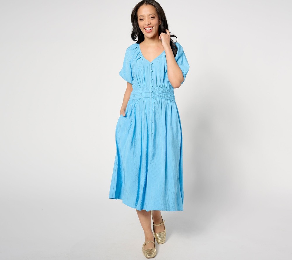 Destination 365 Regular V-Neck Button Front Midi Dress Azure Blue 1X New