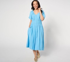 Destination 365 Regular V-Neck Button Front Midi Dress Azure Blue 1X New