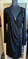 Carmen Marc Valvo Black Jersey Wrap Sheath Dress V-Neck Long Sleeve XL