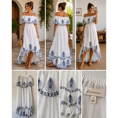 Alya Francesca&rsquo;s White Navy Embroidered Off Shoulder High Low Maxi Dress XS NWT