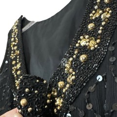 Stenay Silk Beaded Sequined Bow Low Back Long Evening Dress Black Gold Size 4