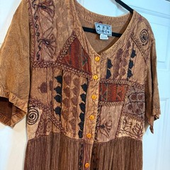 MPH Brown Patchwork Embroidered Rayon Midi Dress L Earthy Festival Vintage 90s