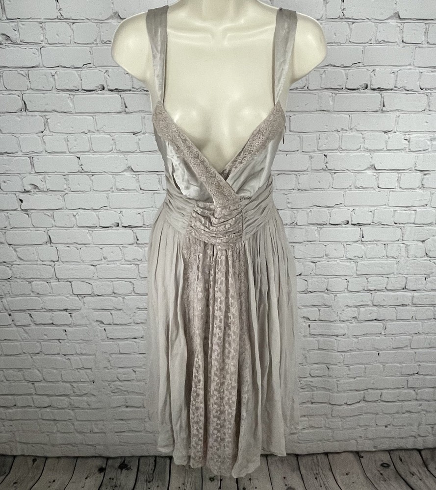 NWD Lil Anthropologie Grey Silk Lace Trim Chiffon Empire Waist Midi Dress 12