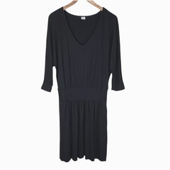Three Dots Dress Large V-Neck Dolman Sleeve Batwing Knit Mini Black Blouson