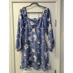 Blue Floral Embroidered Mini Dress Balloon Sleeve S Fairycore Soft Coquette