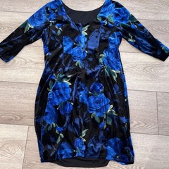 Jessica Howard Sheath Dress Womens 14 Blue Black Velvet Floral Ruched 3/4 Slv