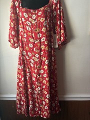 Indigo Rose Red Floral Maxi Dress Square Neck Button Front 3/4 Sleeve Size L