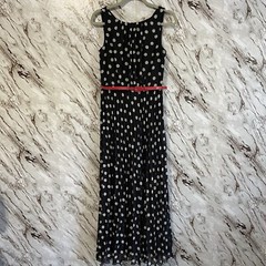 Christopher & Banks Black White Dot Accordion Pleated Maxi Dress Size 6 Red Belt