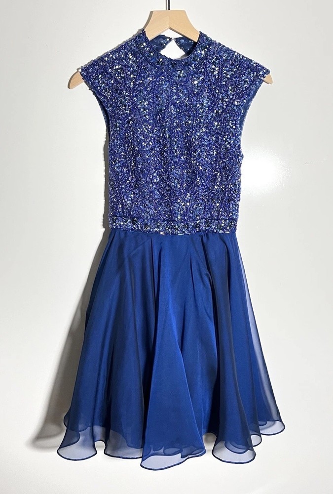 Sherri Hill Beaded Fit and Flare Cocktail Dress Cap Sleeve Blue Prom Formal Glam