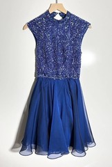 Sherri Hill Beaded Fit and Flare Cocktail Dress Cap Sleeve Blue Prom Formal Glam