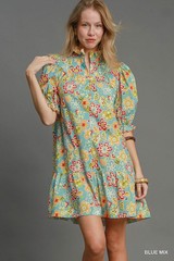 Umgee Blue Multi High Neck Round Yoke Button Down Tiered Mini Dress