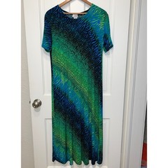Jostar Womens Blue Green Animal Print Slinky Knit Maxi Dress Short Sleeve M USA