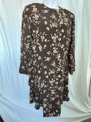VTG Brown Beige graphic Floral Print Dress 100% Silk Back Zip Tiers PATRICK 14
