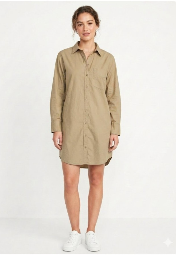 Mimosa M Beige Brown Oversized Button Up Shirt Dress Pockets 100% Cotton EUC!