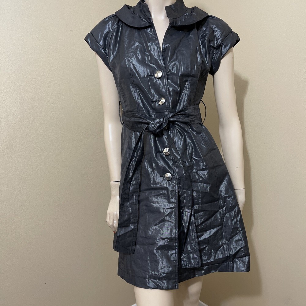 Women’s Grey Metallic Polyester Casual Glitter Belt Lined Size S Button-up Dress