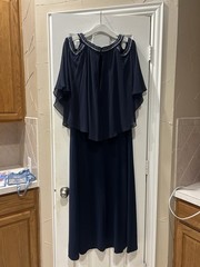 Alex Evenings Navy Chiffon Gown Round Neck Cold Shoulder Rhinestone Long 16
