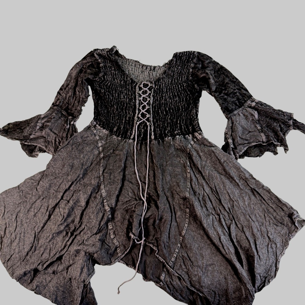 Gothic Fairy Grunge Lace Up Smocked Bell Sleeve Sharkbite Hem Dress Black Medium