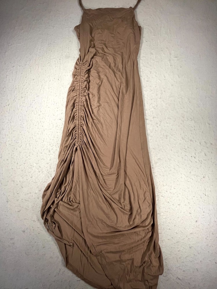 Lulus Ruched Maxi Dress Womens Medium Tan Rayon Stretch Nude Bodycon Sleeveless