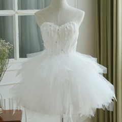 Womens Feather Mesh Dresses Sweetheart Ruffle Tutu Fairy Princess Ball Prom Gown