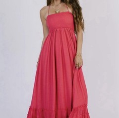 Grey Bandit Pink Smocked Square Neck Spaghetti Strap Ruffle Maxi Dress L