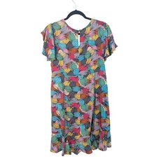 Abstract Leaf Print Dress Button Front Boho Retro Artsy Bohemian Colorful Small