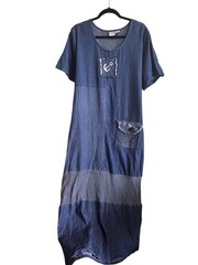 Vintage Bleu Bayou Patchwork Denim Maxi Dress Adjustable Waist Tie Nautical XL