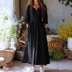 Womens Solid-color Long-sleeve Retro Cotton-linen Dress