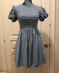 Forever 21 Blue Solid Denim Smocked Puff Short Sleeve A-Line Dress Round Neck S