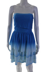 Badgley Mischka Jewel Womens Jeweled Strapless A Line Tiered Dress Blue Size 4